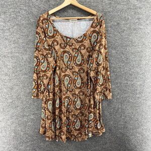 Larace Dress Women 2X Plus Beige Paisley Shift Short Long Sleeve Rayon Casual
